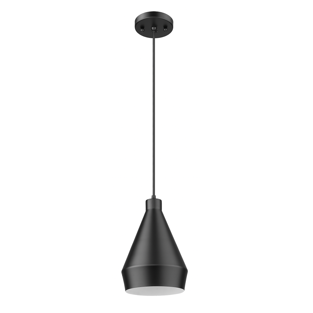 1-Light Corded Steel 10.5" Shade Pendant - Matte Black outer - White inner
