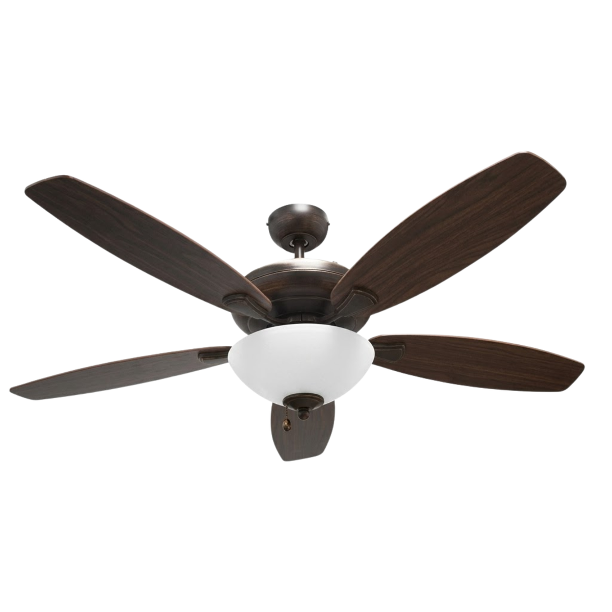 52" 5-Blade UFO Fan Rubbed Bronze Oak/Walnut Blades 2-Light Bowl White Glass LED Kit