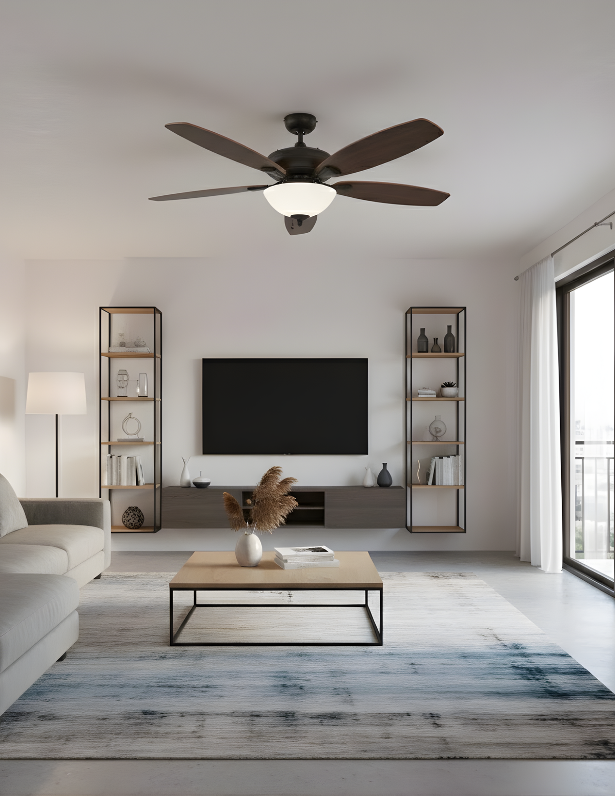 52" 5-Blade UFO Fan Rubbed Bronze Oak/Walnut Blades 2-Light Bowl White Glass LED Kit