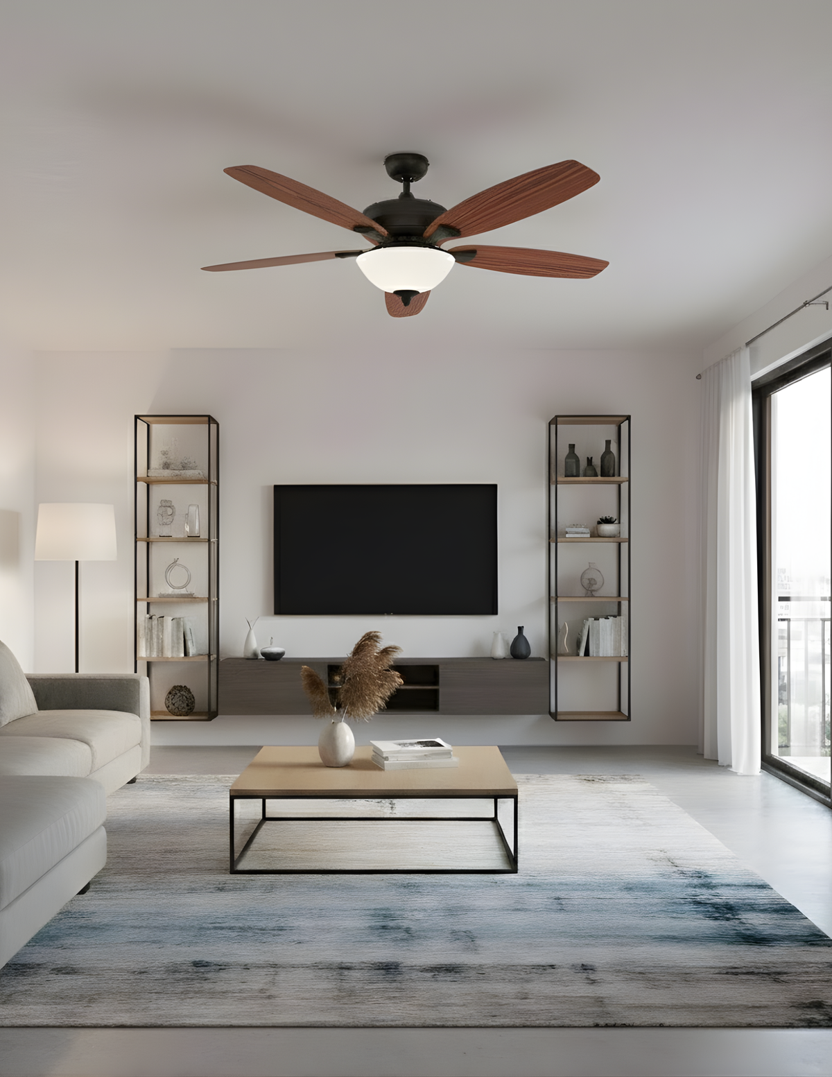 52" 5-Blade UFO Fan Rubbed Bronze Oak/Walnut Blades 2-Light Bowl White Glass LED Kit