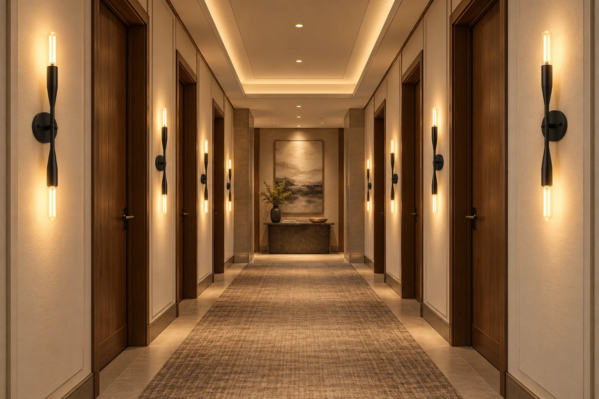 2-Light Vanity in Matte Black installed along a multifamily corridor