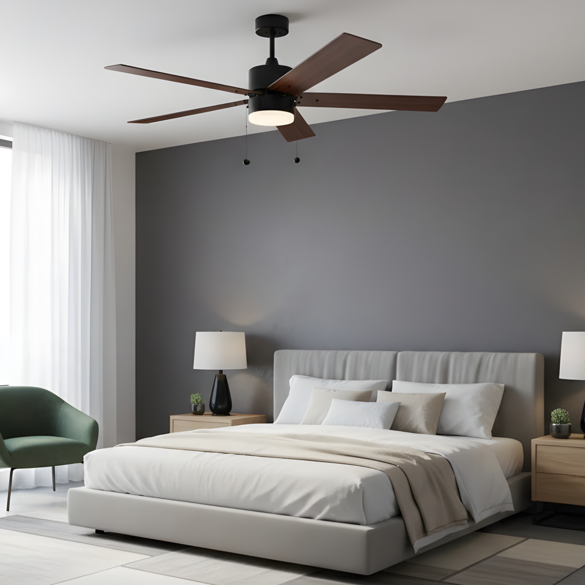 5-Blade 52" MB Modern Cylinder Fan Matte Black/Walnut Blades Pull Chain 3K, 4K, 5K Dual Mount