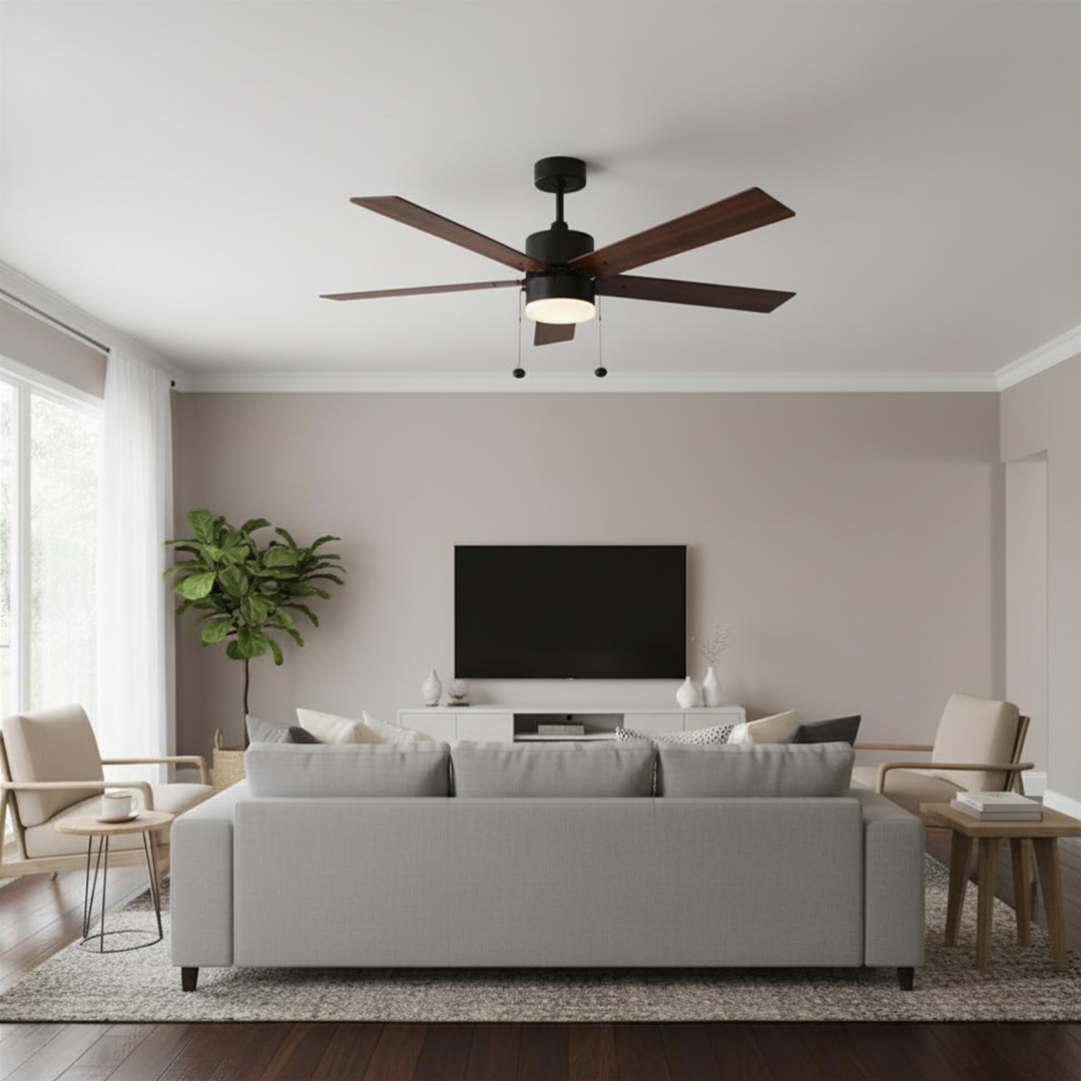 5-Blade 52" MB Modern Cylinder Fan Matte Black/Walnut Blades Pull Chain 3K, 4K, 5K Dual Mount