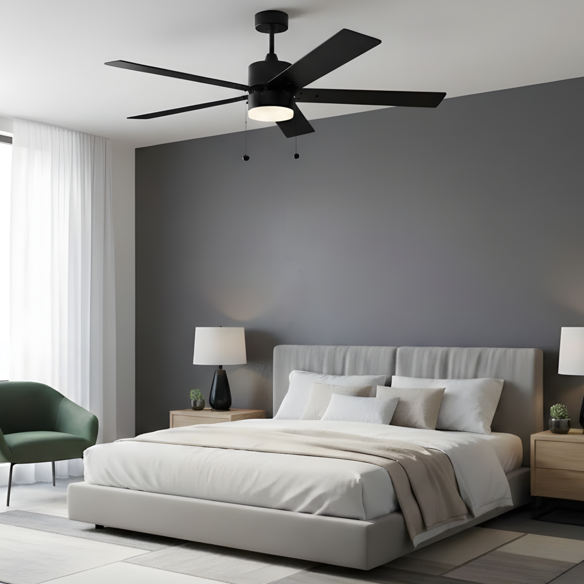 5-Blade 52" MB Modern Cylinder Fan Matte Black/Walnut Blades Pull Chain 3K, 4K, 5K Dual Mount