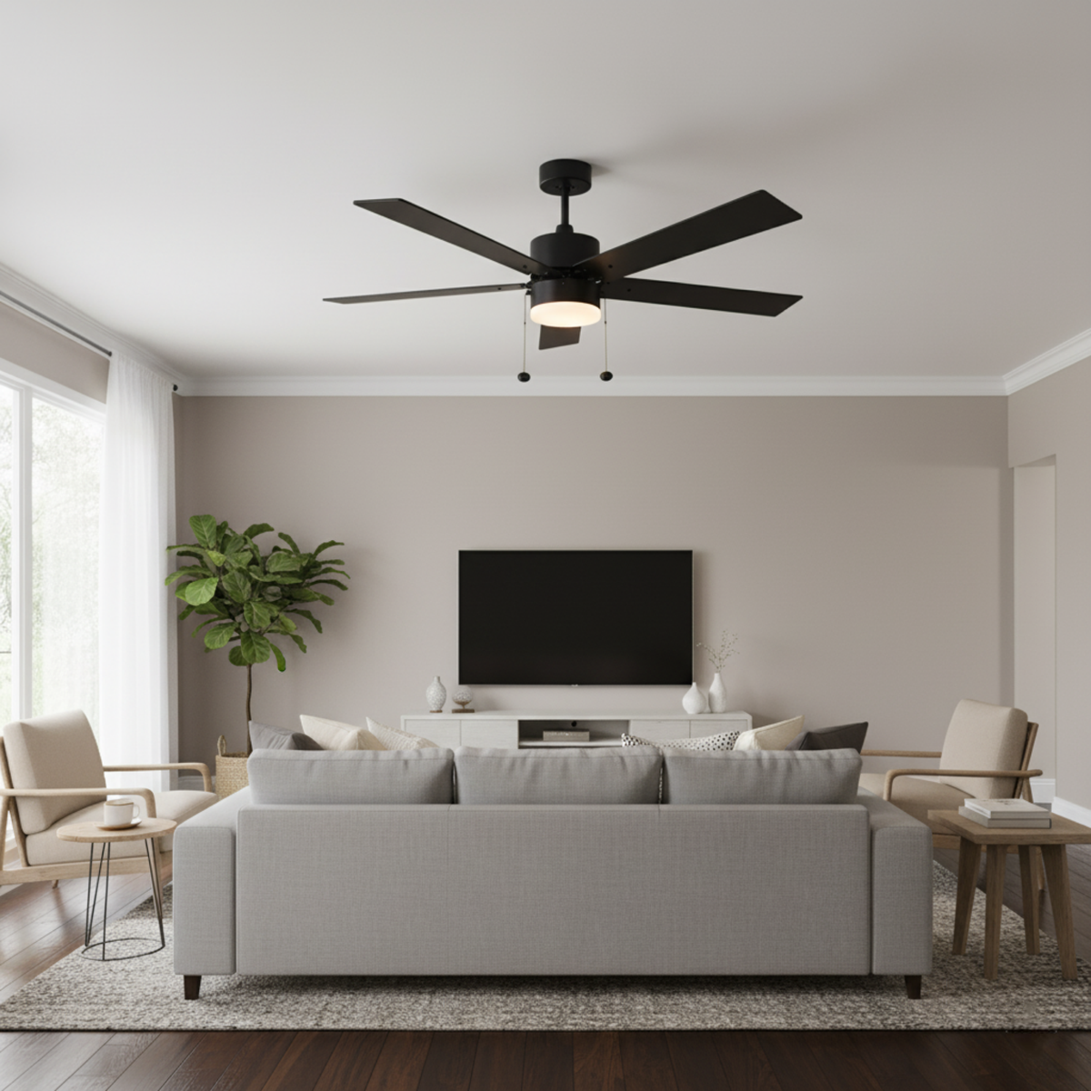 5-Blade 52" MB Modern Cylinder Fan Matte Black/Walnut Blades Pull Chain 3K, 4K, 5K Dual Mount
