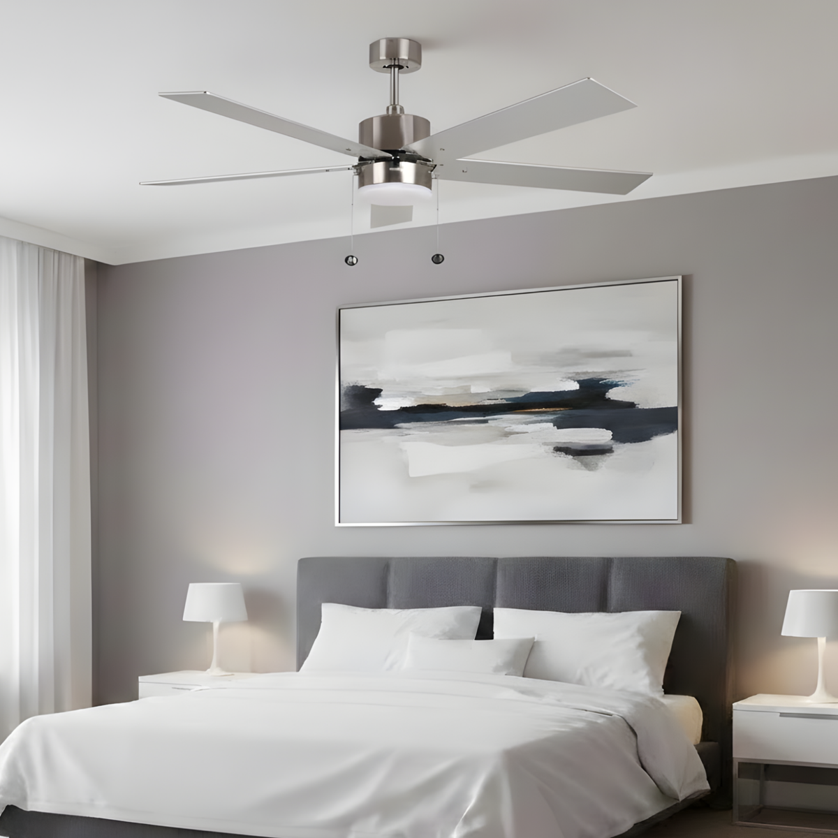 5-Blade 52" NK Modern Cylinder Fan Silver/Walnut Blades Pull Chain 3K, 4K, 5K Dual Mount