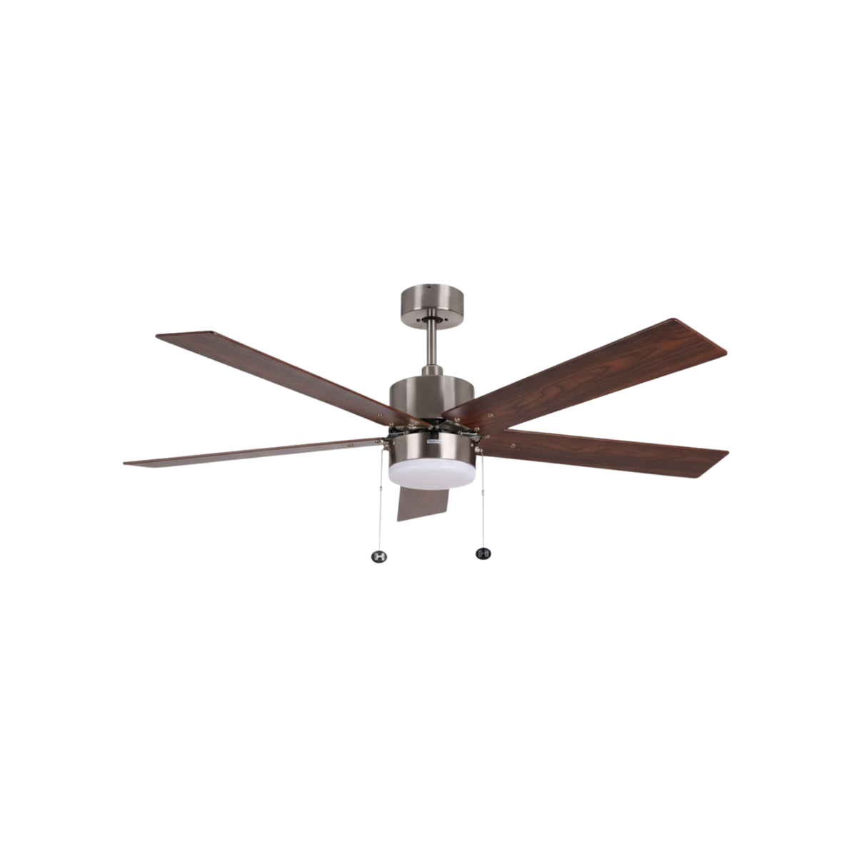5-Blade 52" NK Modern Cylinder Fan Silver/Walnut Blades Pull Chain 3K, 4K, 5K Dual Mount