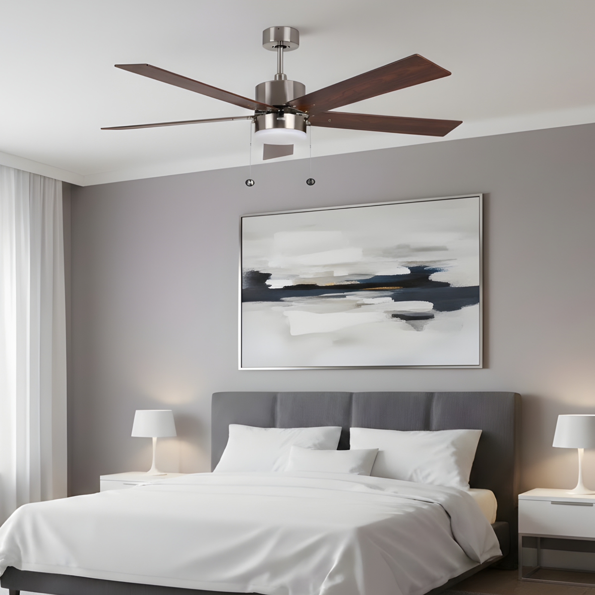 5-Blade 52" NK Modern Cylinder Fan Silver/Walnut Blades Pull Chain 3K, 4K, 5K Dual Mount
