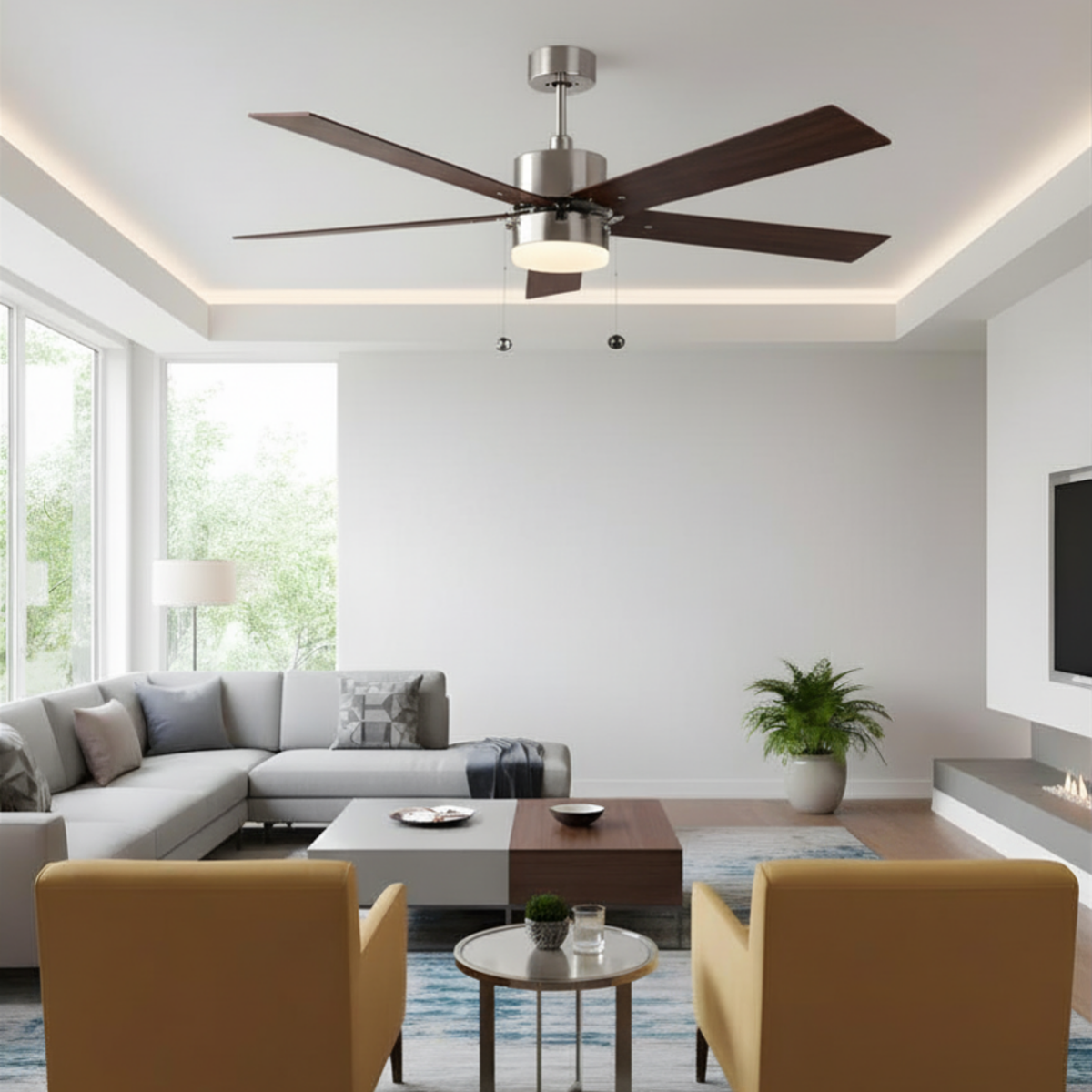5-Blade 52" NK Modern Cylinder Fan Silver/Walnut Blades Pull Chain 3K, 4K, 5K Dual Mount