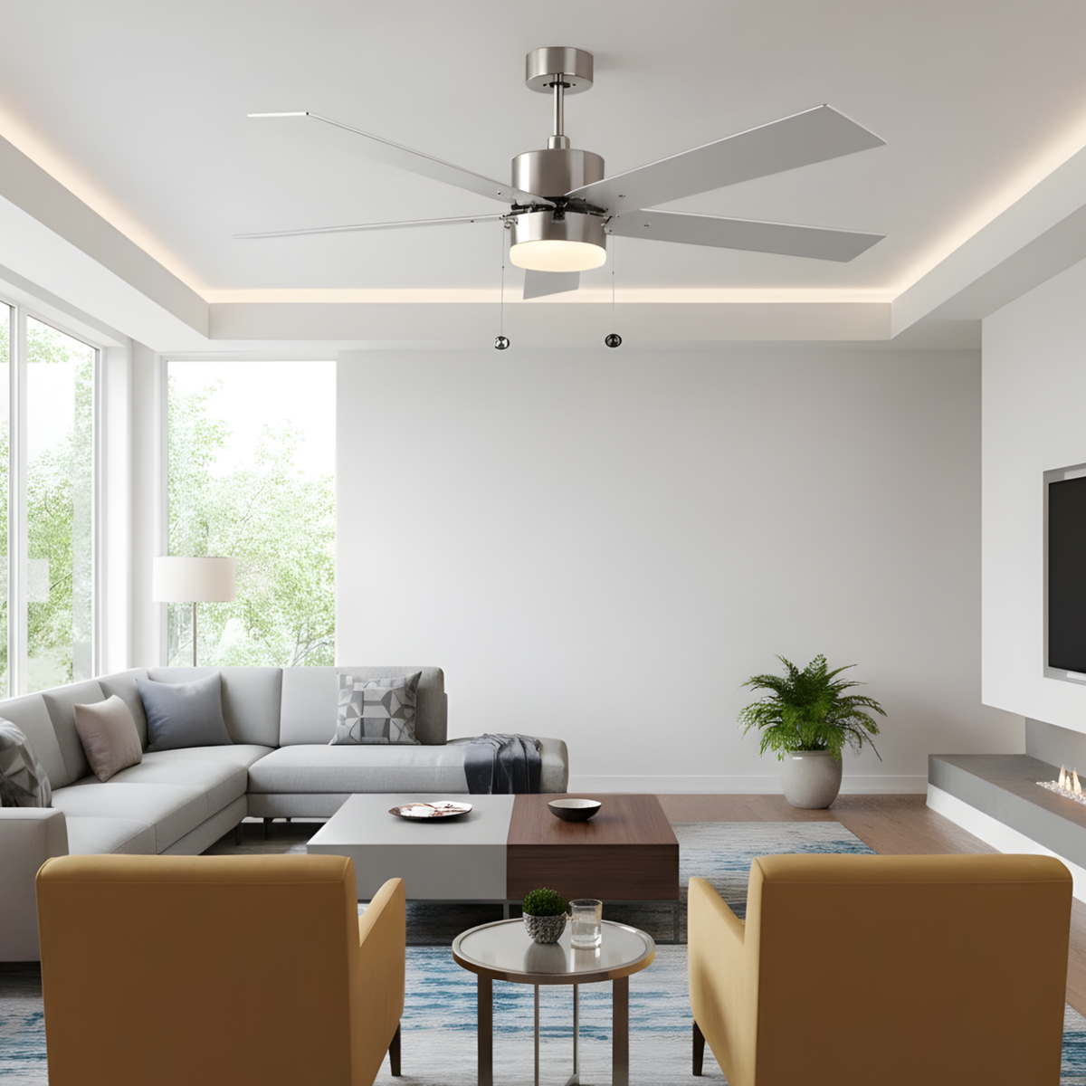 5-Blade 52" NK Modern Cylinder Fan Silver/Walnut Blades Pull Chain 3K, 4K, 5K Dual Mount