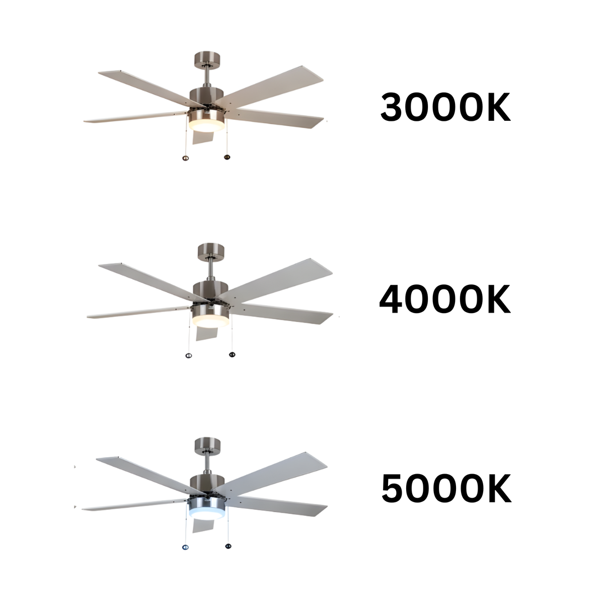 5-Blade 52" NK Modern Cylinder Fan Silver/Walnut Blades Pull Chain 3K, 4K, 5K Dual Mount