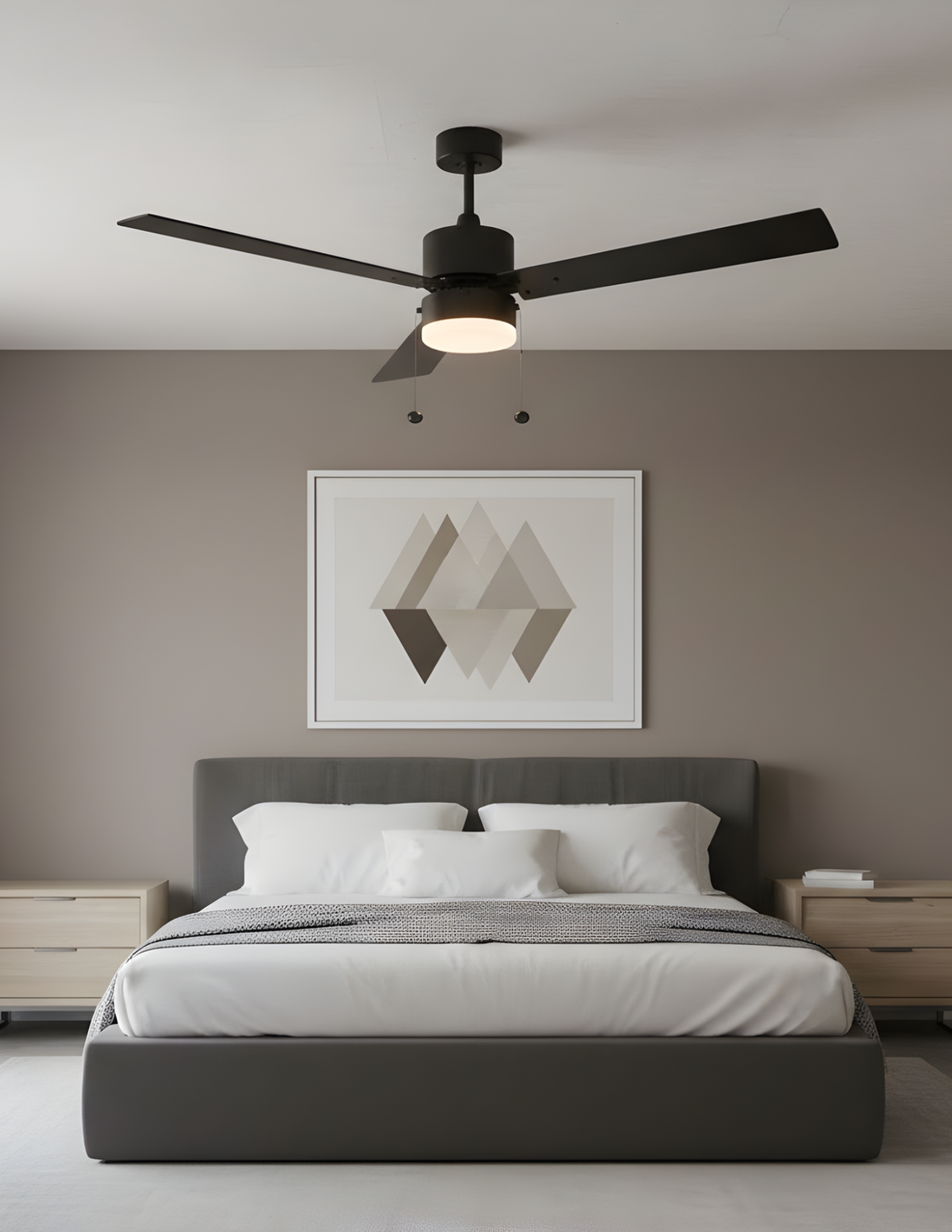 3-Blade 52" MB Modern Cylinder Fan Matte Black/Walnut Blades Pull Chain 3K, 4K, 5K Dual Mount