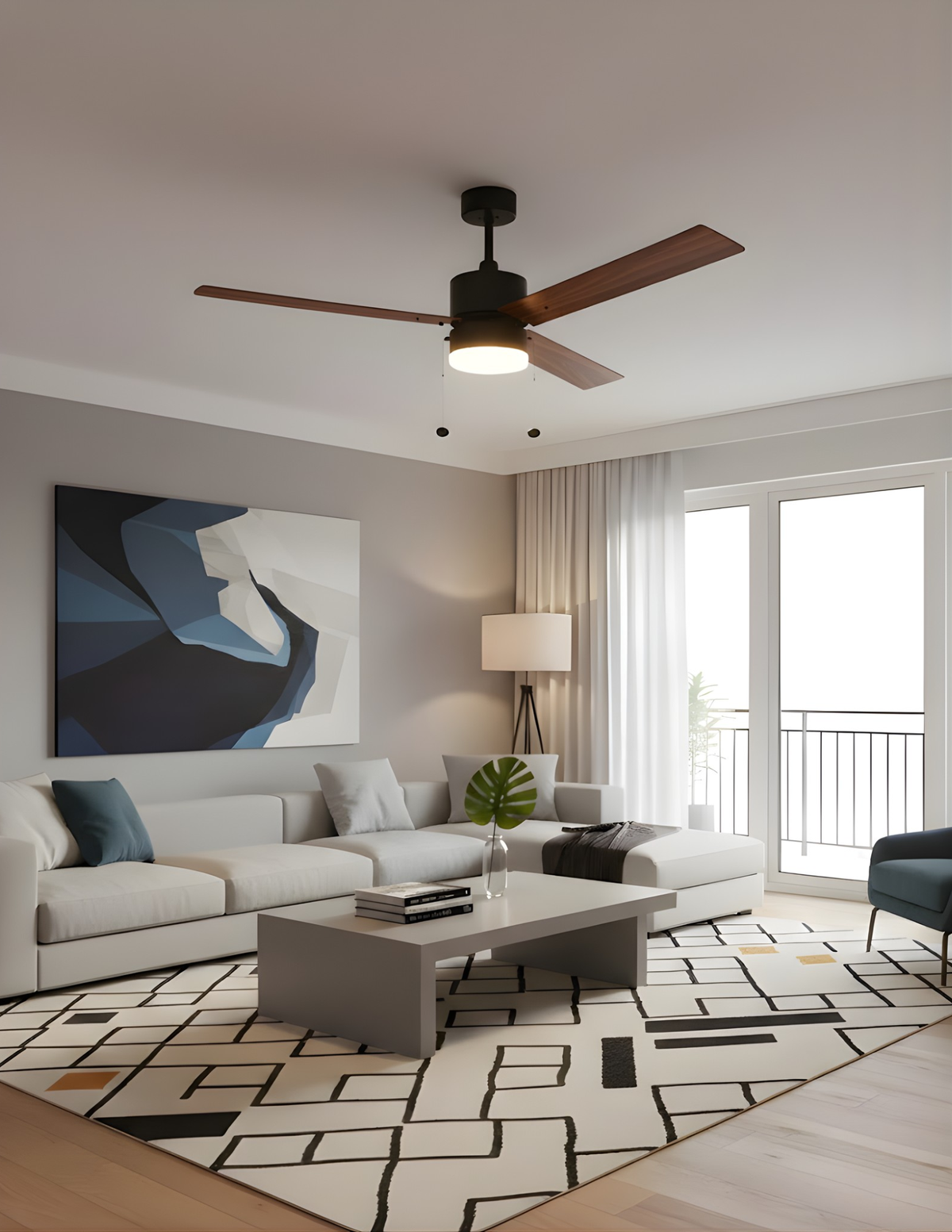 3-Blade 52" MB Modern Cylinder Fan Matte Black/Walnut Blades Pull Chain 3K, 4K, 5K Dual Mount