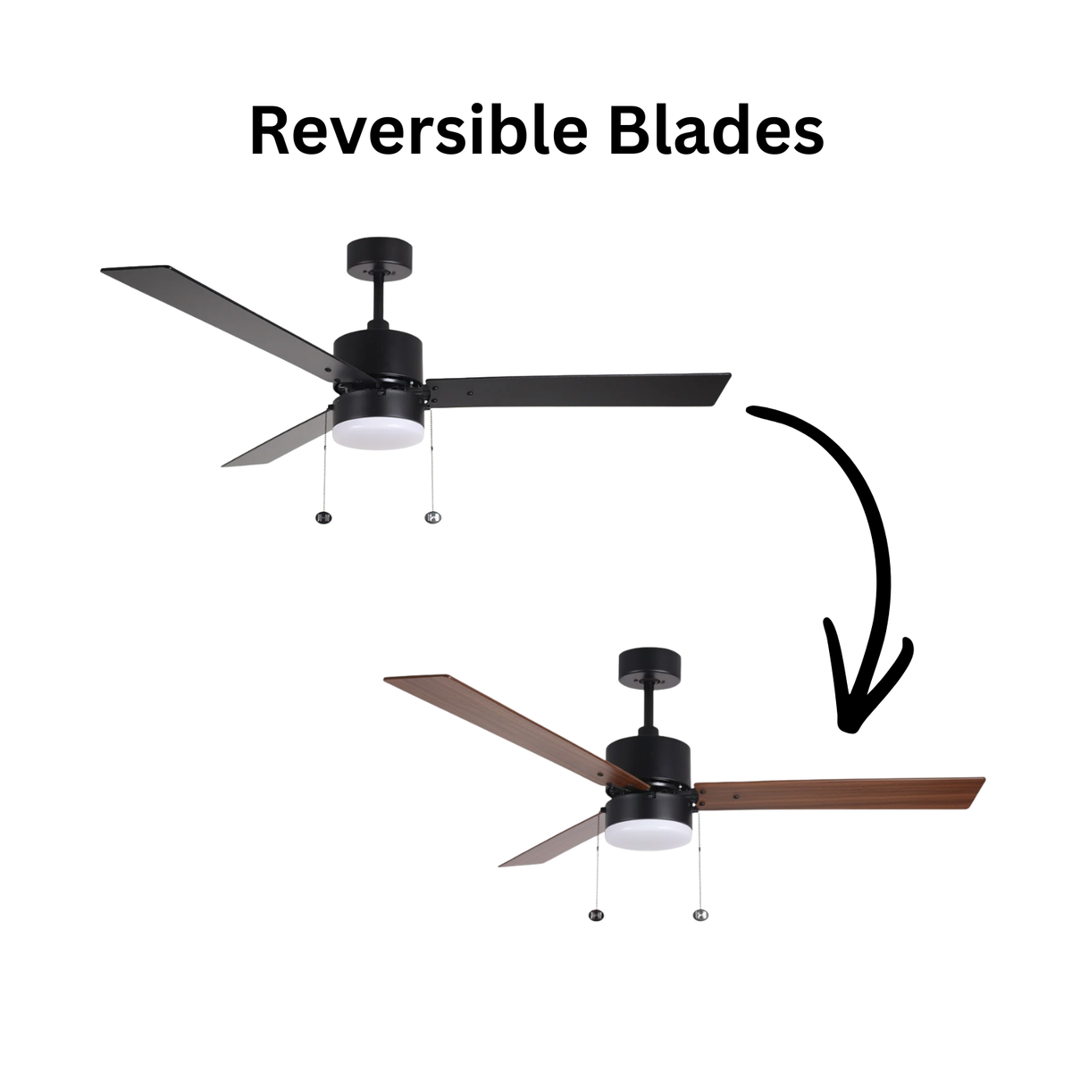 3-Blade 52" MB Modern Cylinder Fan Matte Black/Walnut Blades Pull Chain 3K, 4K, 5K Dual Mount