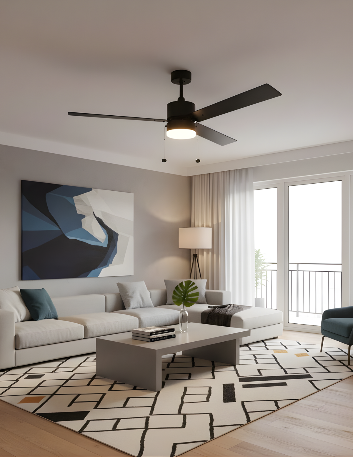 3-Blade 52" MB Modern Cylinder Fan Matte Black/Walnut Blades Pull Chain 3K, 4K, 5K Dual Mount
