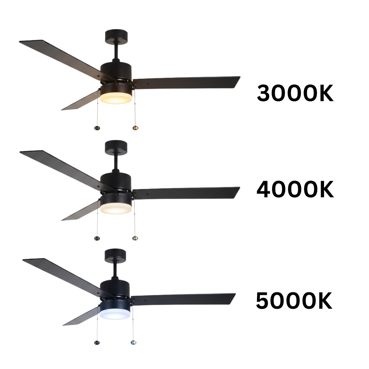 3-Blade 52" MB Modern Cylinder Fan Matte Black/Walnut Blades Pull Chain 3K, 4K, 5K Dual Mount