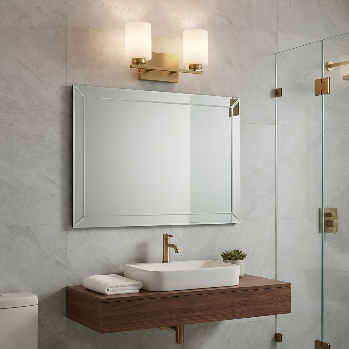 2-Light White Glass Vanity - Champagne Gold