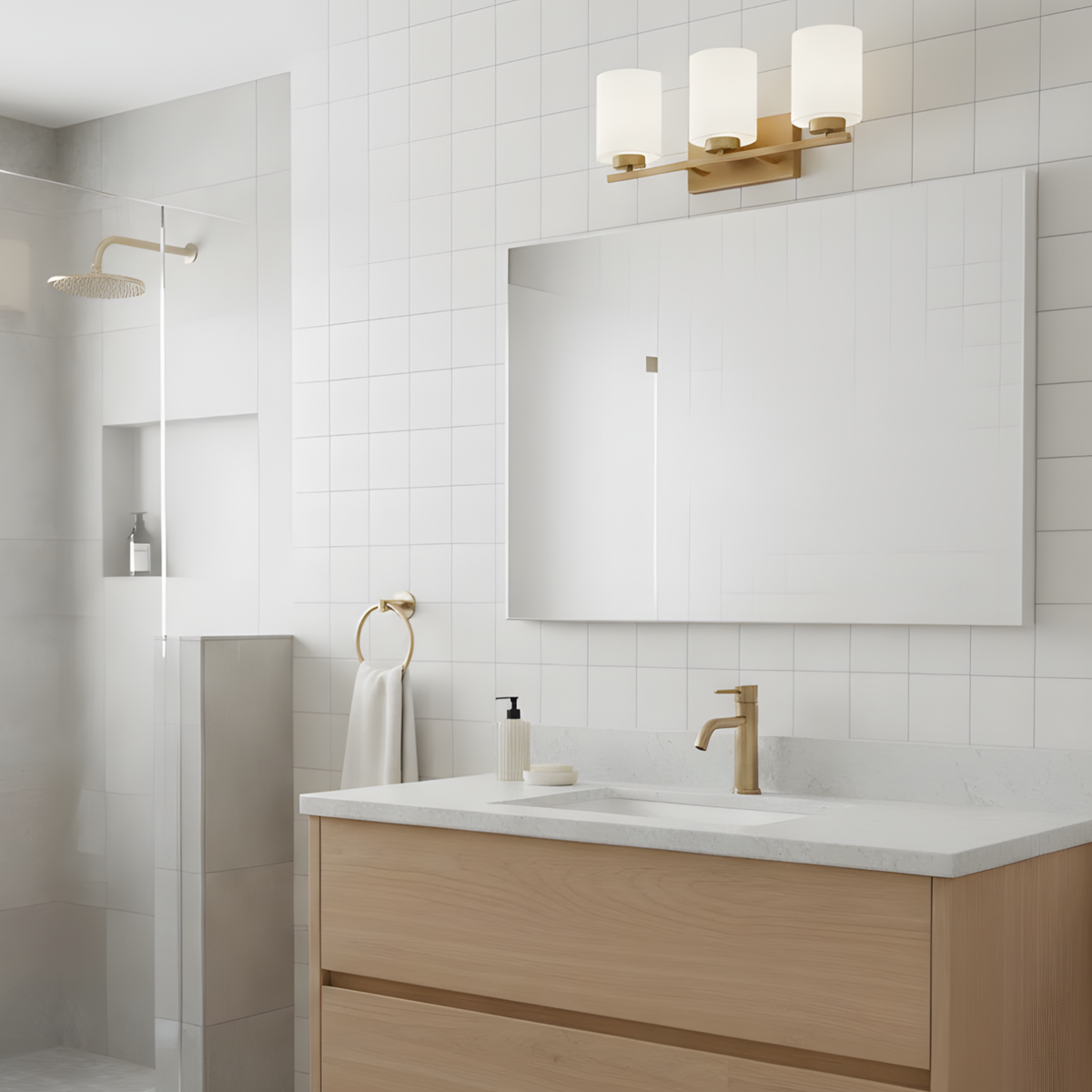 3-Light White Glass Vanity - Champagne Gold