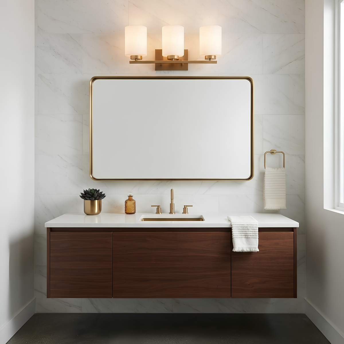 3-Light White Glass Vanity - Champagne Gold