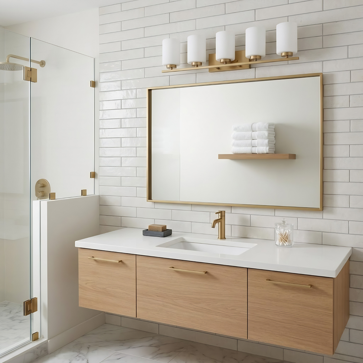 5-Light White Glass Vanity - Champagne Gold