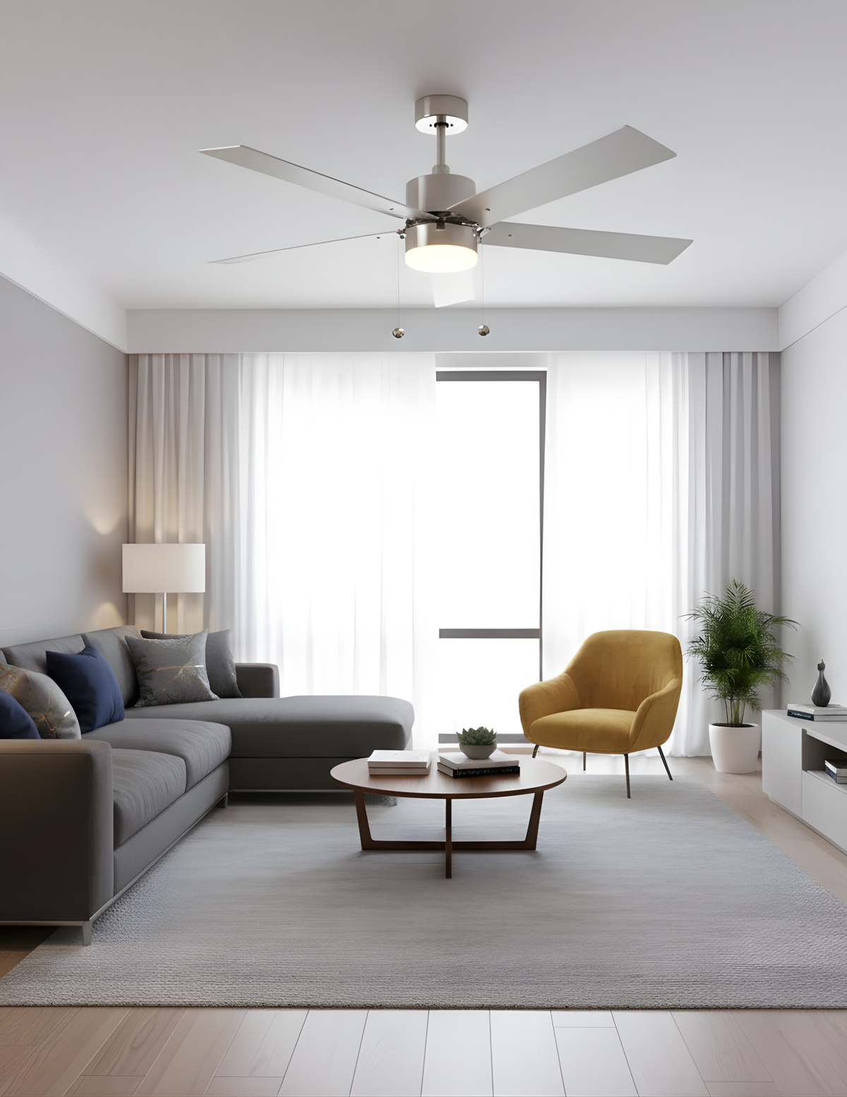 5-Blade 52" Brushed Nickel Modern ENERGY STAR Fan Silver/Walnut Blades Pull Chain 3K, 4K, 5K
