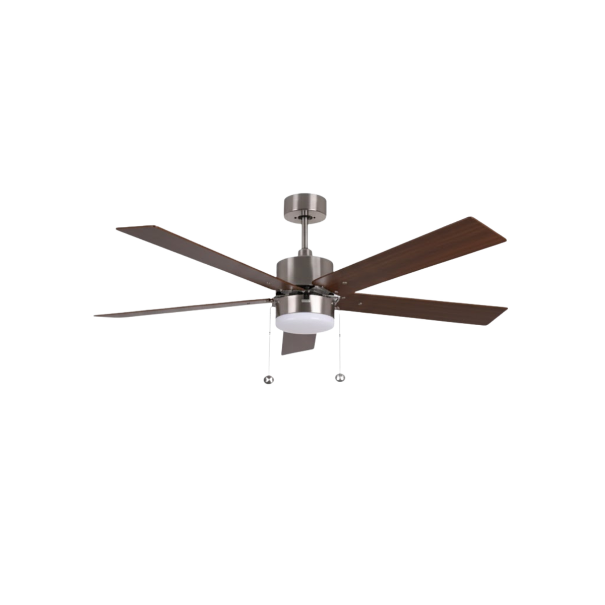 5-Blade 52" Brushed Nickel Modern ENERGY STAR Fan Silver/Walnut Blades Pull Chain 3K, 4K, 5K