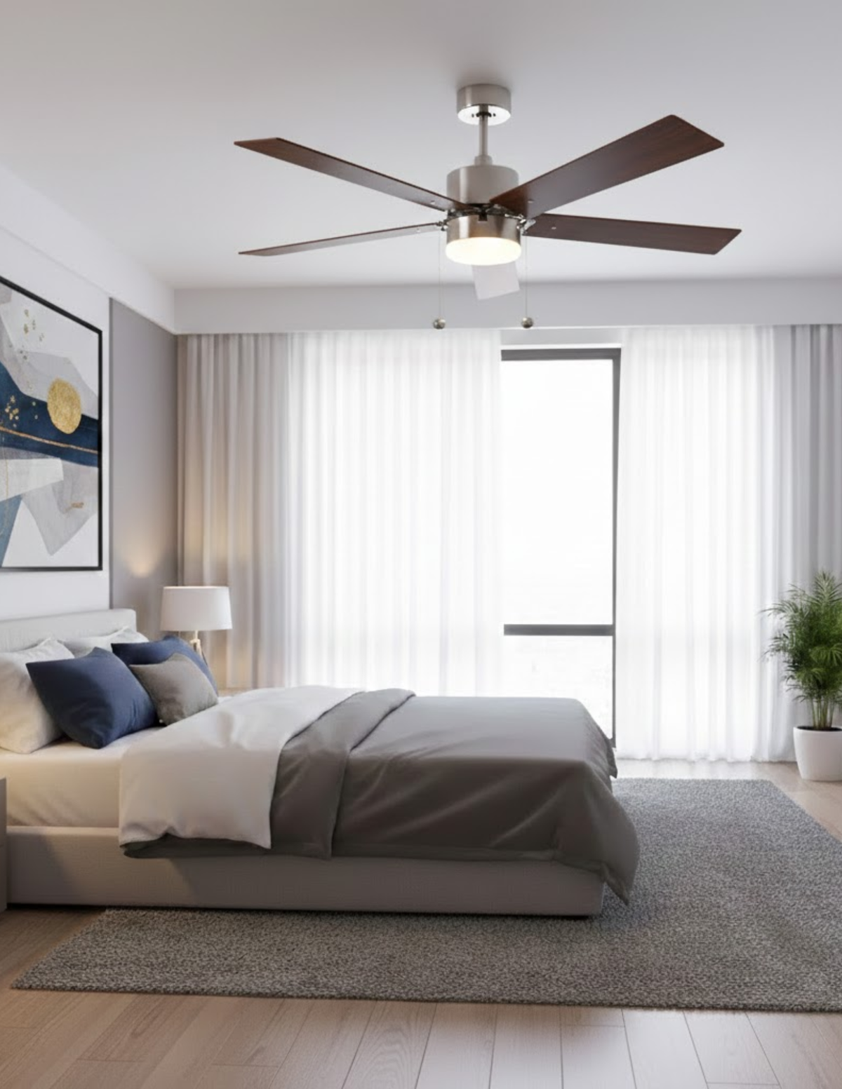 5-Blade 52" Brushed Nickel Modern ENERGY STAR Fan Silver/Walnut Blades Pull Chain 3K, 4K, 5K
