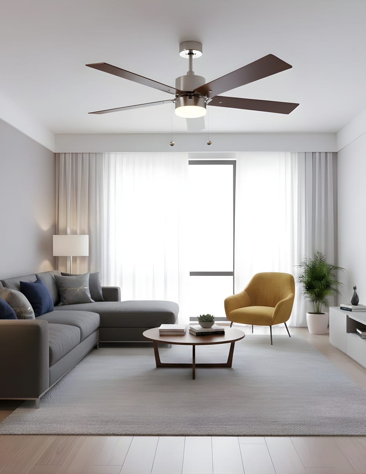 5-Blade 52" Brushed Nickel Modern ENERGY STAR Fan Silver/Walnut Blades Pull Chain 3K, 4K, 5K