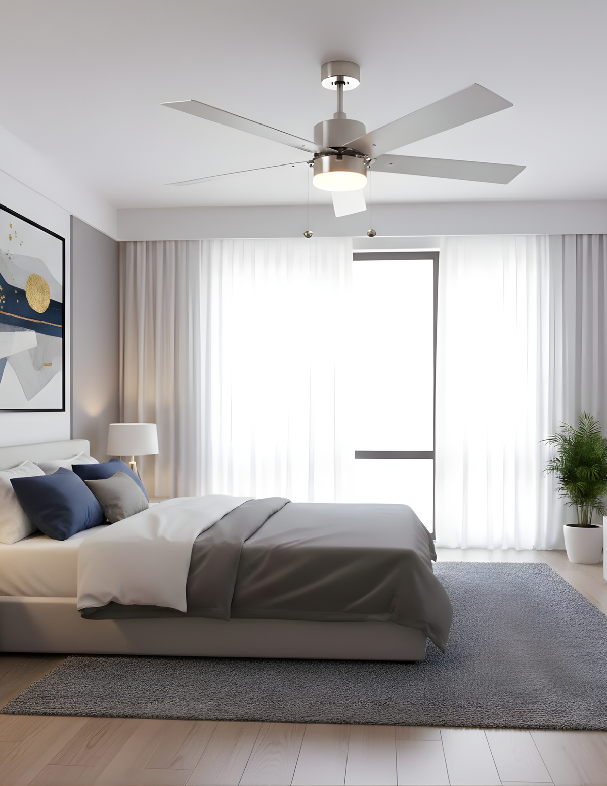 5-Blade 52" Brushed Nickel Modern ENERGY STAR Fan Silver/Walnut Blades Pull Chain 3K, 4K, 5K