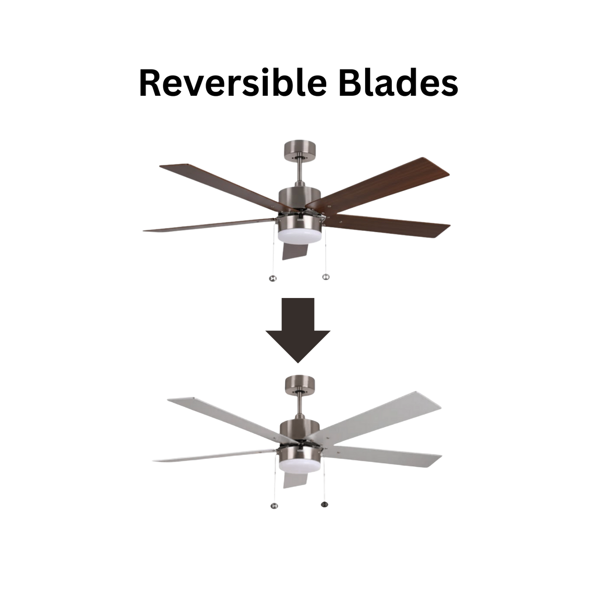 5-Blade 52" Brushed Nickel Modern ENERGY STAR Fan Silver/Walnut Blades Pull Chain 3K, 4K, 5K