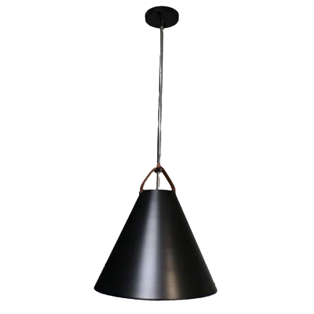 1-Light Steel Shade Pendant - Matte Black with Leather Straps
